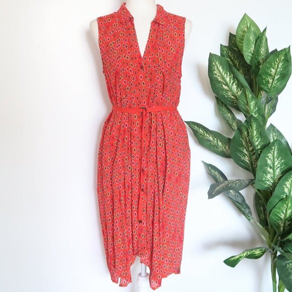 Anthropologie Maeve Vicki Red Sleeveless Button-down Shirt Dress Red Geometric 9 - Picture 6 of 16
